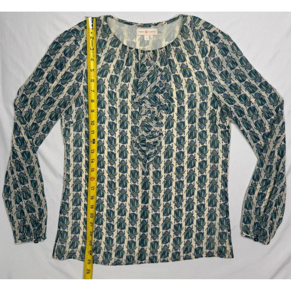 Tory Burch Blue‎ Green Scarab Beetle Print 100% Silk Ruffle Blouse Womens 4